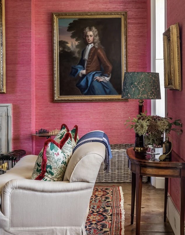 Traditional oil portrait in a gilt frame on a pink grasscloth wall, The Style Workshop