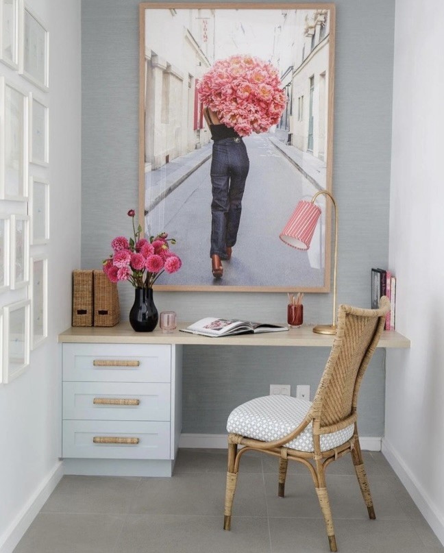 Large framed photographic print hung just above a built-in desk, The Style Workshop