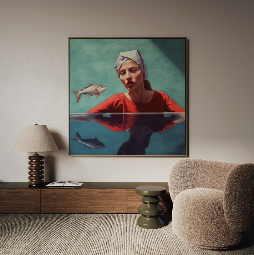 Large contemporary portrait painting above a low timber console beside a boucle chair, The Style Workshop