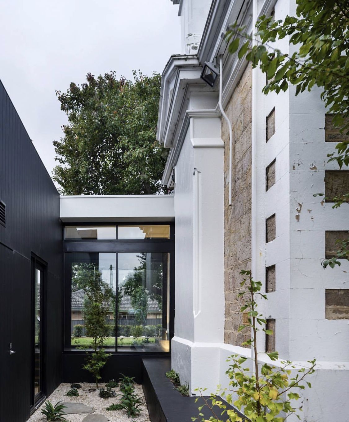 A contemporary single-storey extension in black cladding sitting alongside the original sandstone and rendered Federation home
