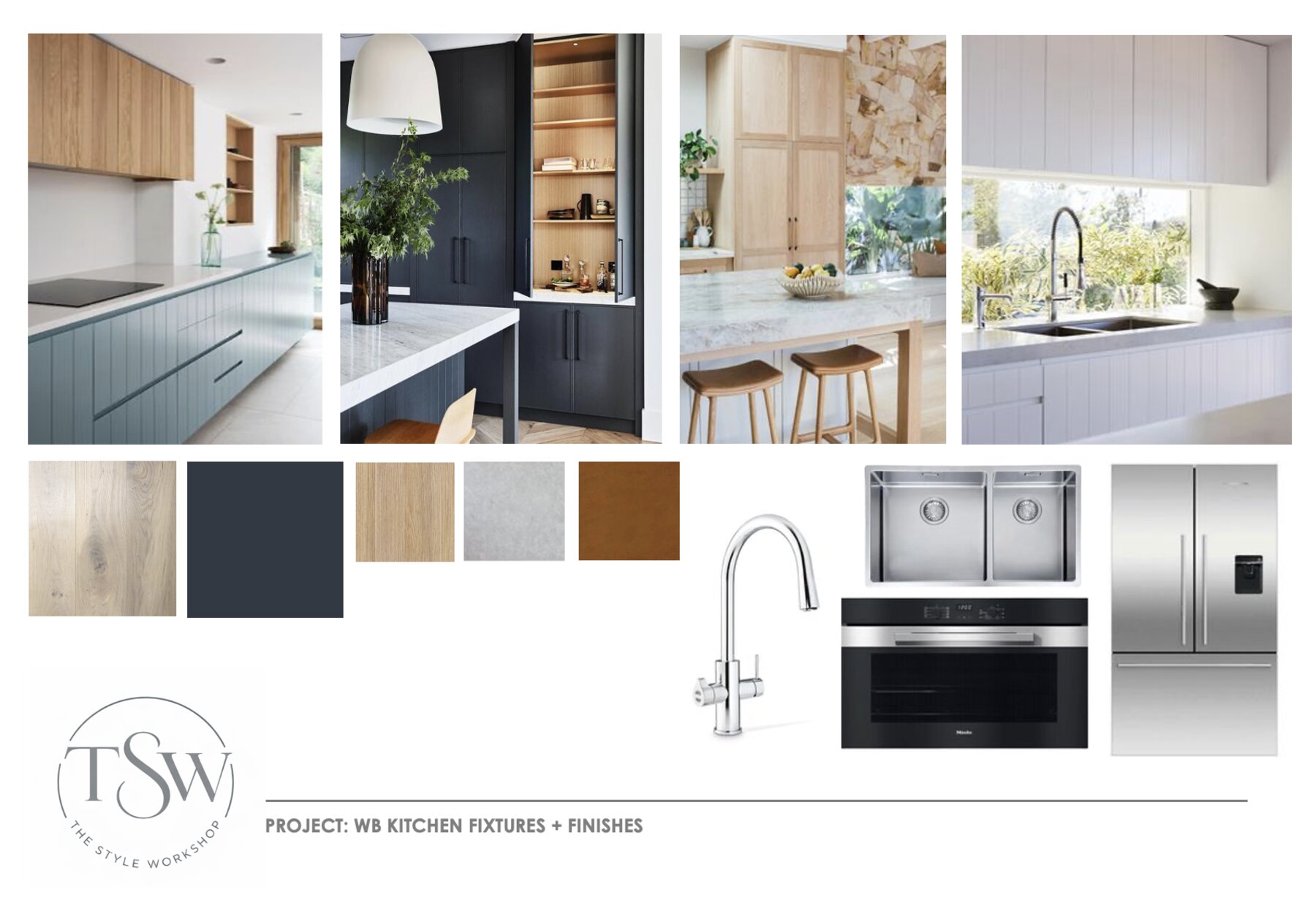 Kitchen fixtures and finishes moodboard with reference images and material samples