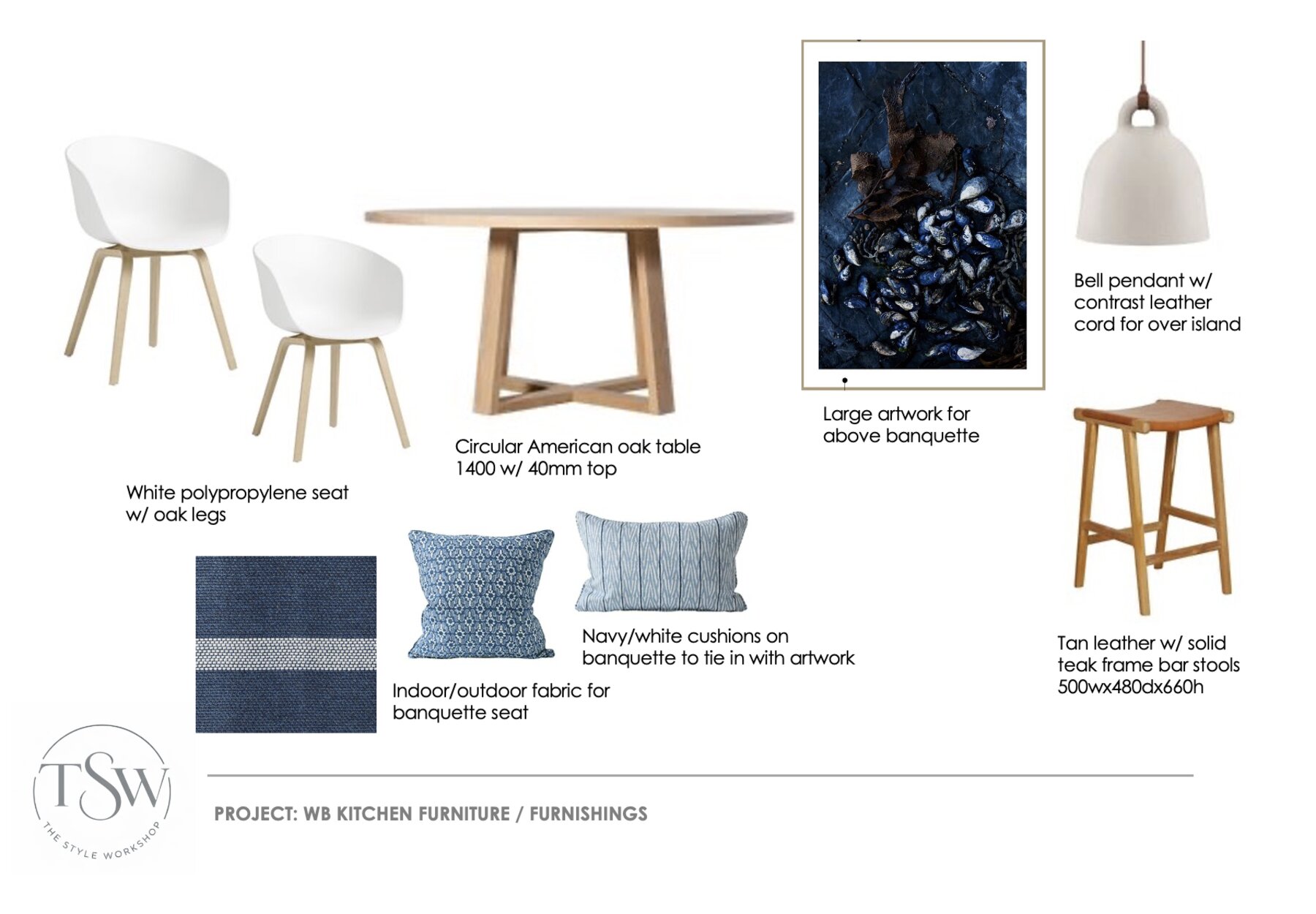 Kitchen furniture and furnishings moodboard with chairs, table, artwork and lighting