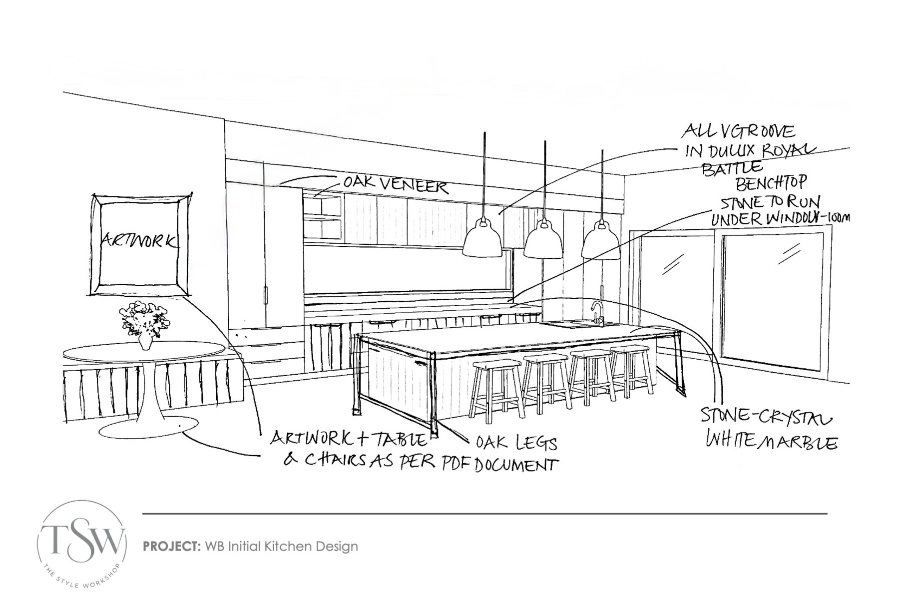 Initial hand-drawn kitchen design sketch with material and finish annotations