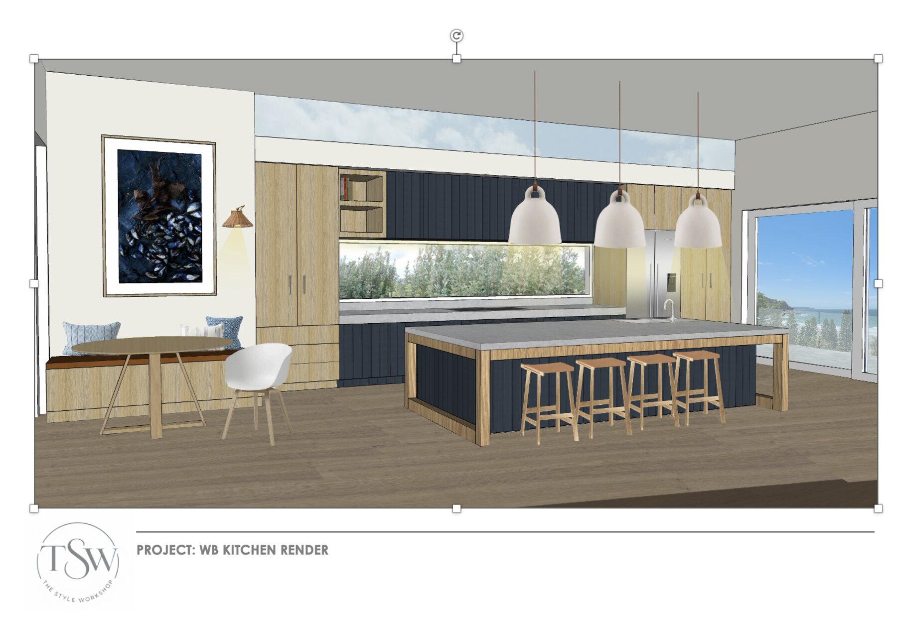 3D render of the Whale Beach kitchen concept, showing joinery, island and dining nook