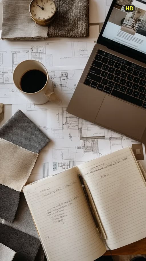 Desk set up with laptop, floor plans and fabric swatches during project preparation