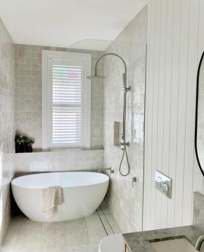 Finished bathroom with freestanding bath and zellige tiles, The Style Workshop
