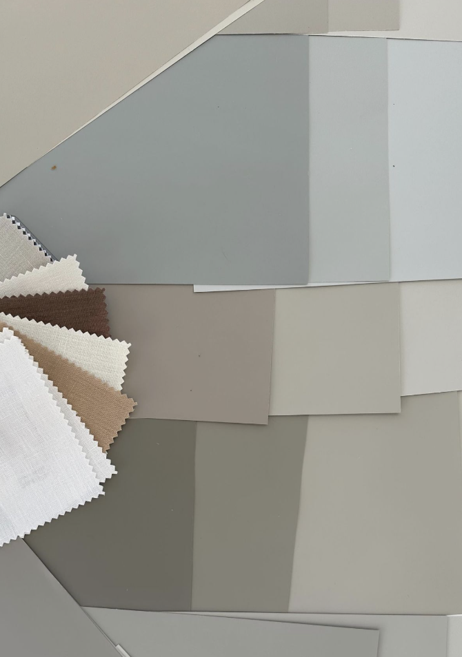 Paint and fabric swatches fanned out for a colour direction, The Style Workshop