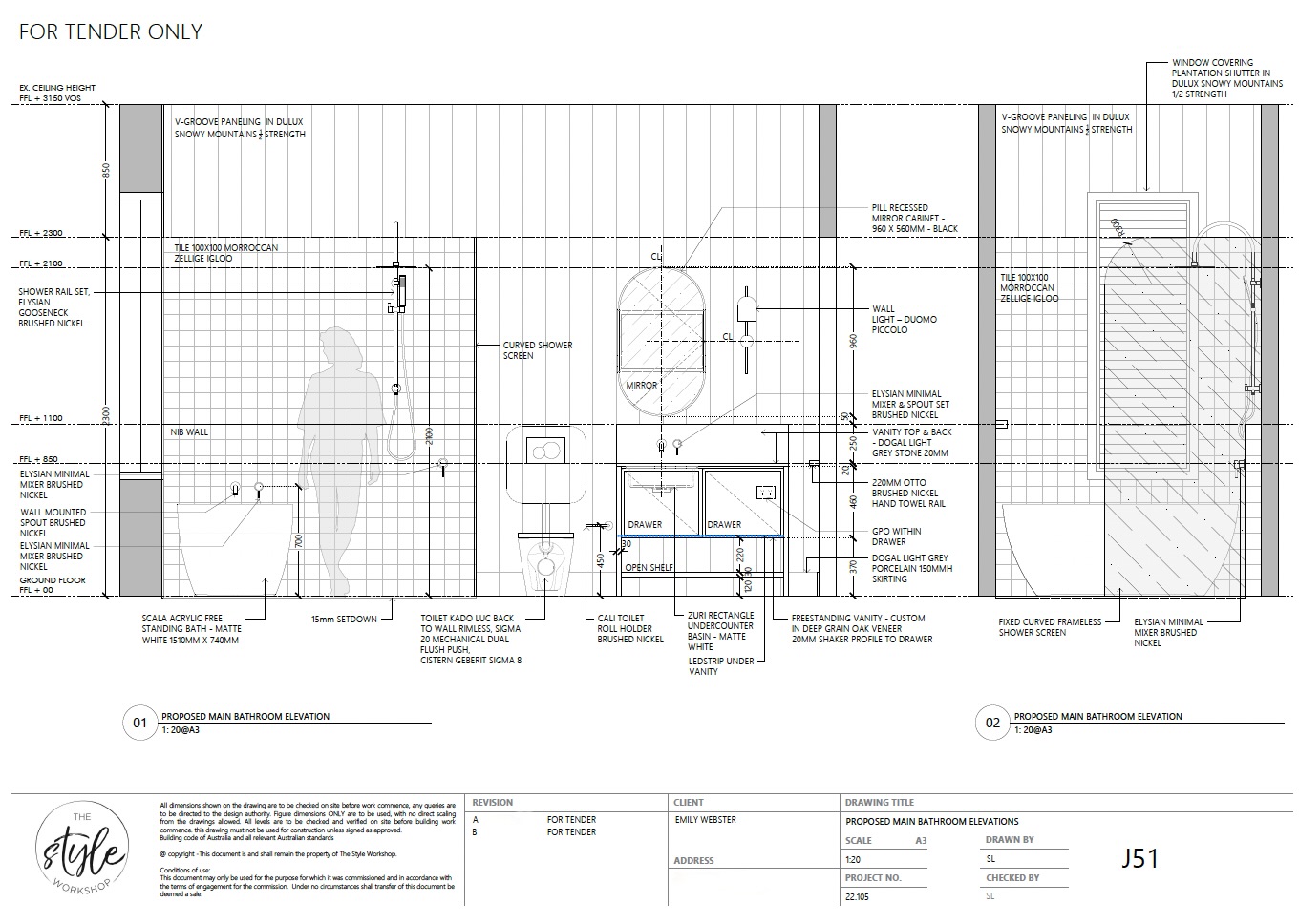 Main bathroom elevation drawing, The Style Workshop