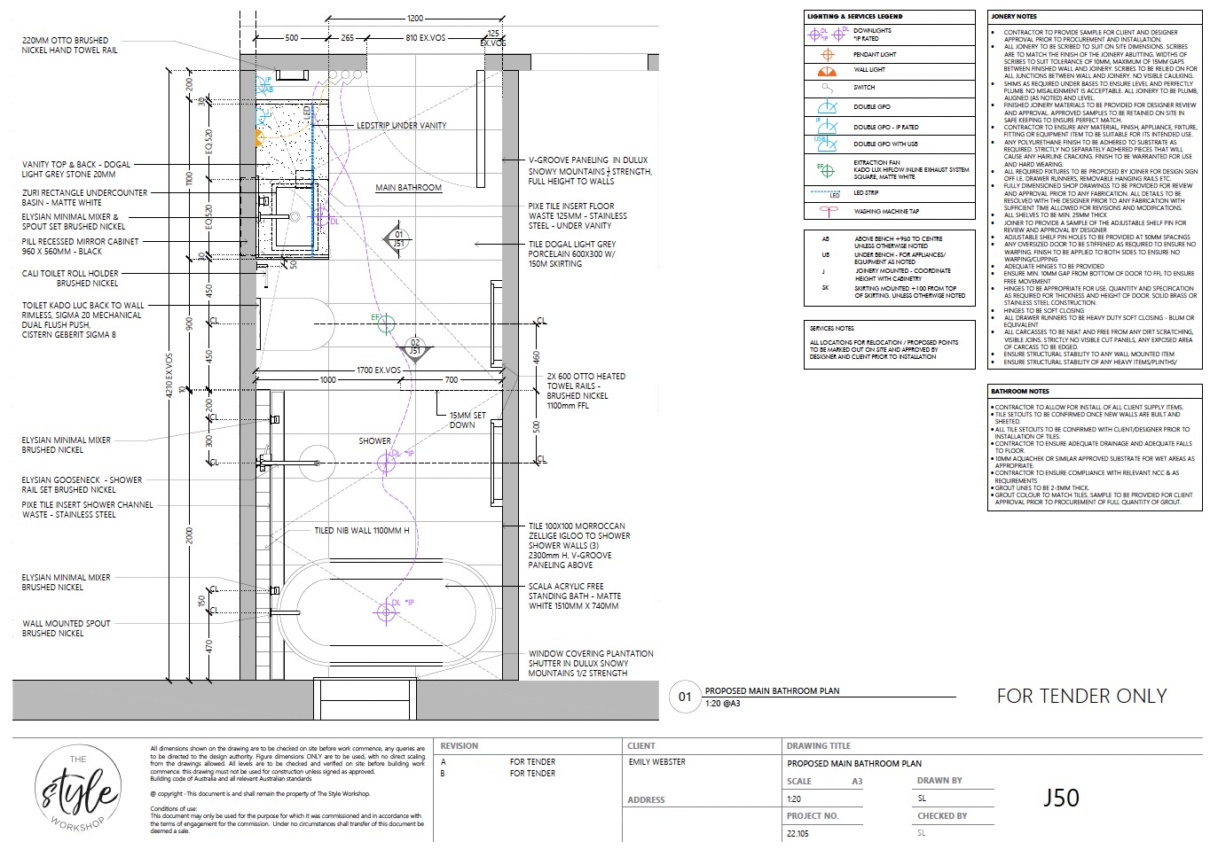 Main bathroom floor plan drawing, The Style Workshop