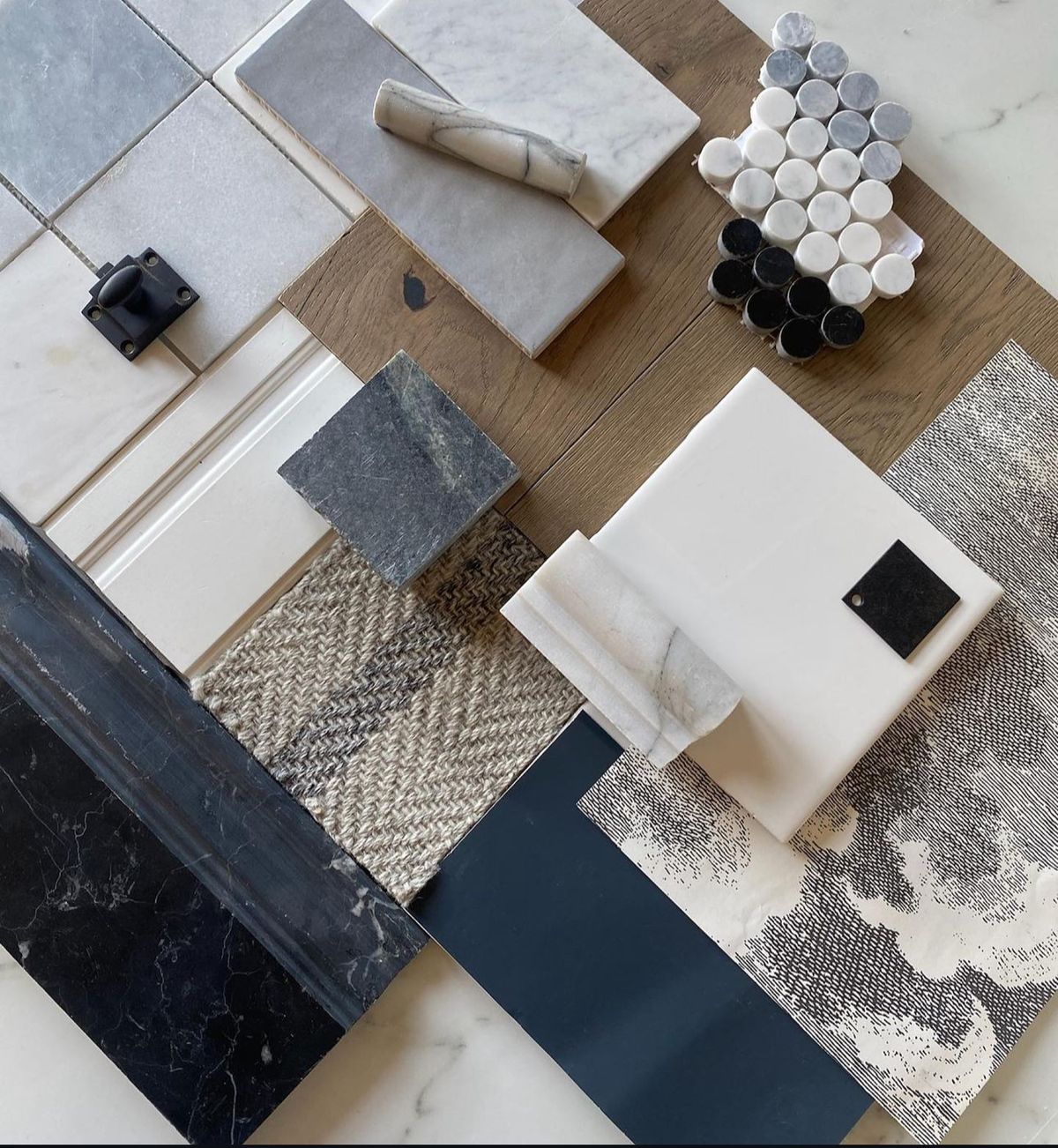 Stone, tile, marble and timber material palette detail, The Style Workshop