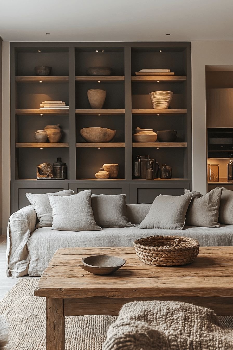 Living room joinery with lit shelves displaying ceramics and baskets above a linen sofa