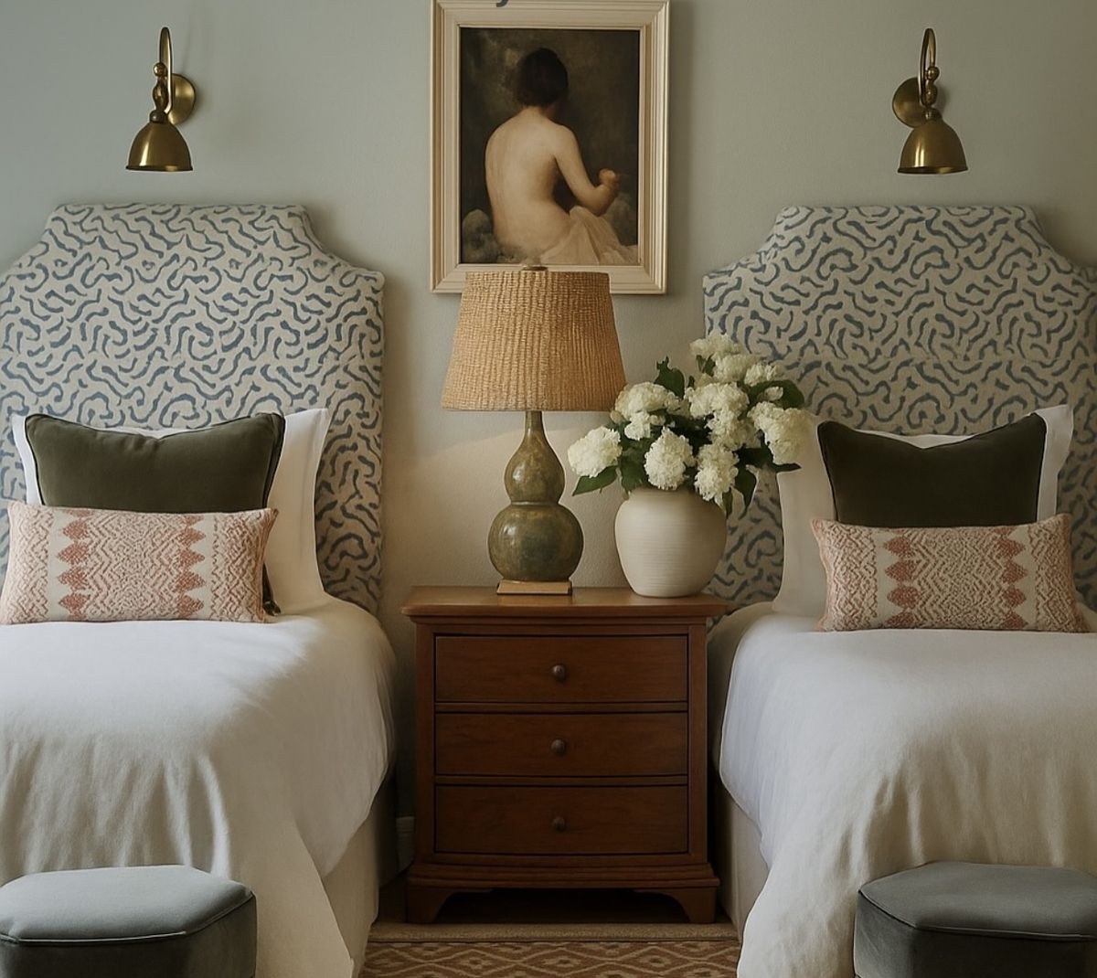 Twin bedroom with brass wall lights above patterned upholstered bedheads and a table lamp with a woven shade on the bedside table