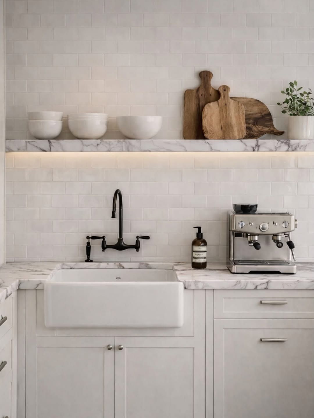 Kitchen with marble benchtop, subway tile splashback and timber shelving
