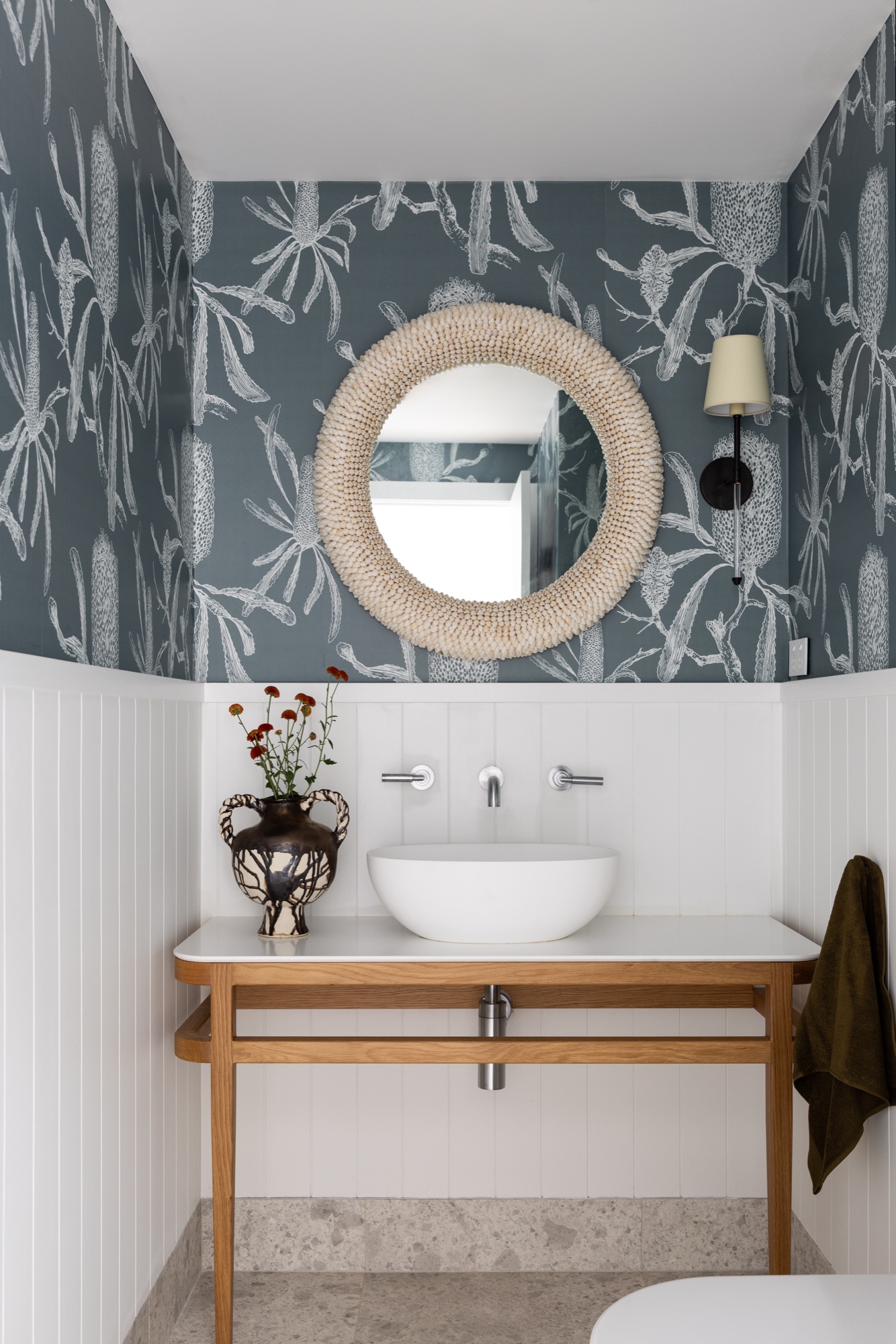 Powder room with botanical wallpaper and shell mirror, Whale Beach project, The Style Workshop