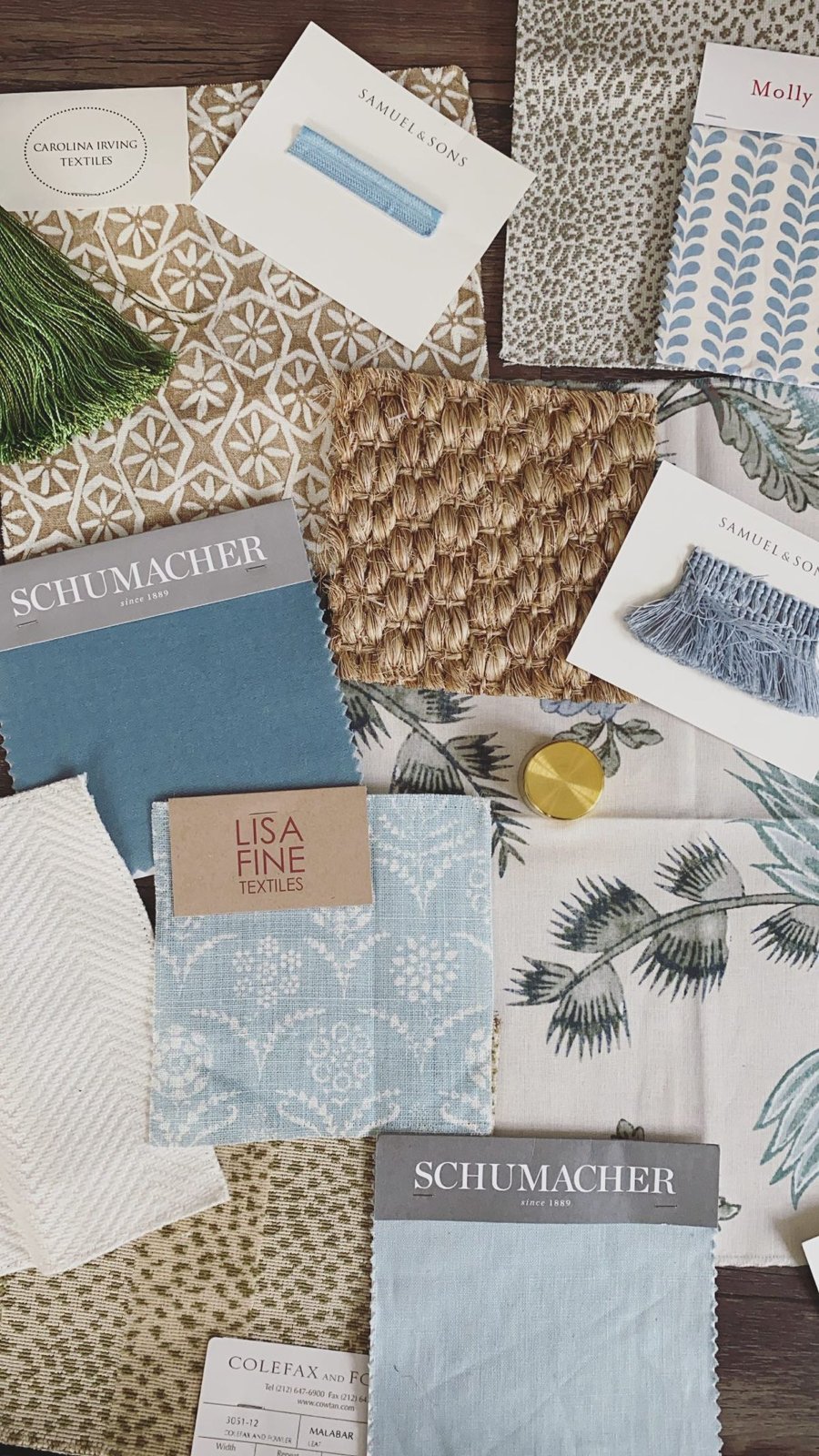 Upholstery and window furnishing fabric selections laid out together