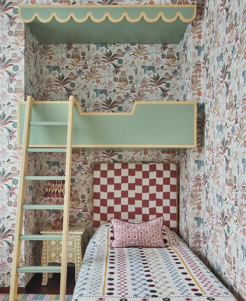 Bunk bed nook fully wrapped in a colourful pagoda-print wallpaper, The Style Workshop
