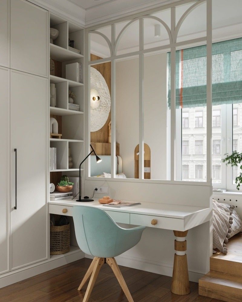Small bedroom with an arched glazed partition dividing a study nook from the sleeping area, The Style Workshop