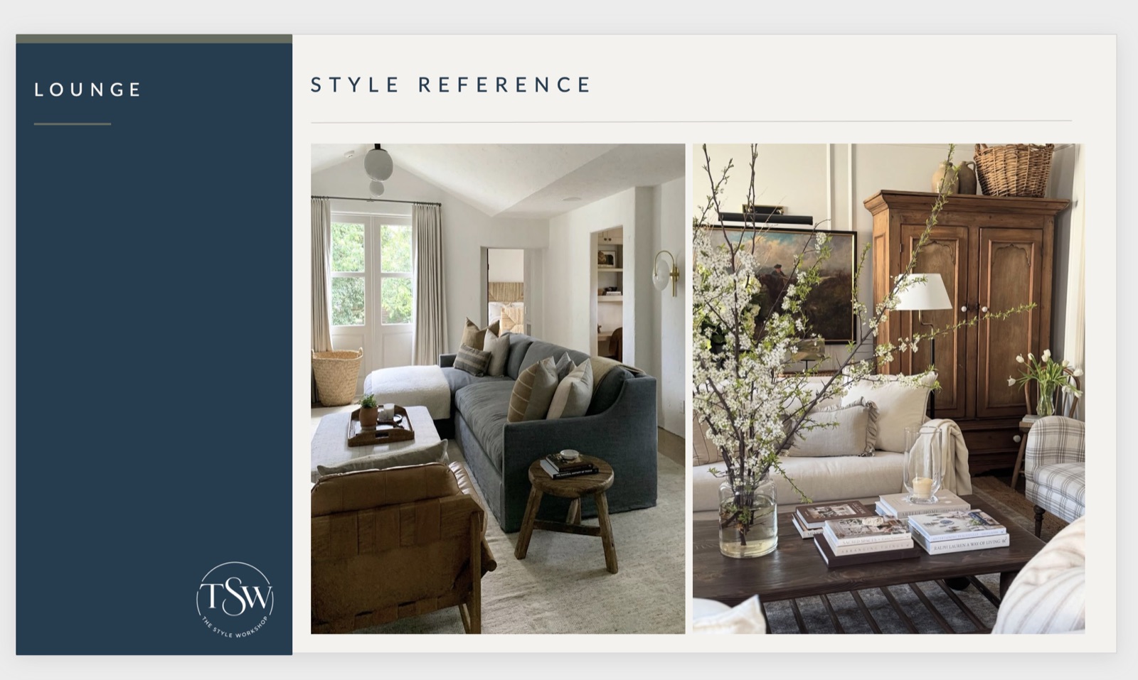 Lounge style reference board showing two room concepts, The Style Workshop