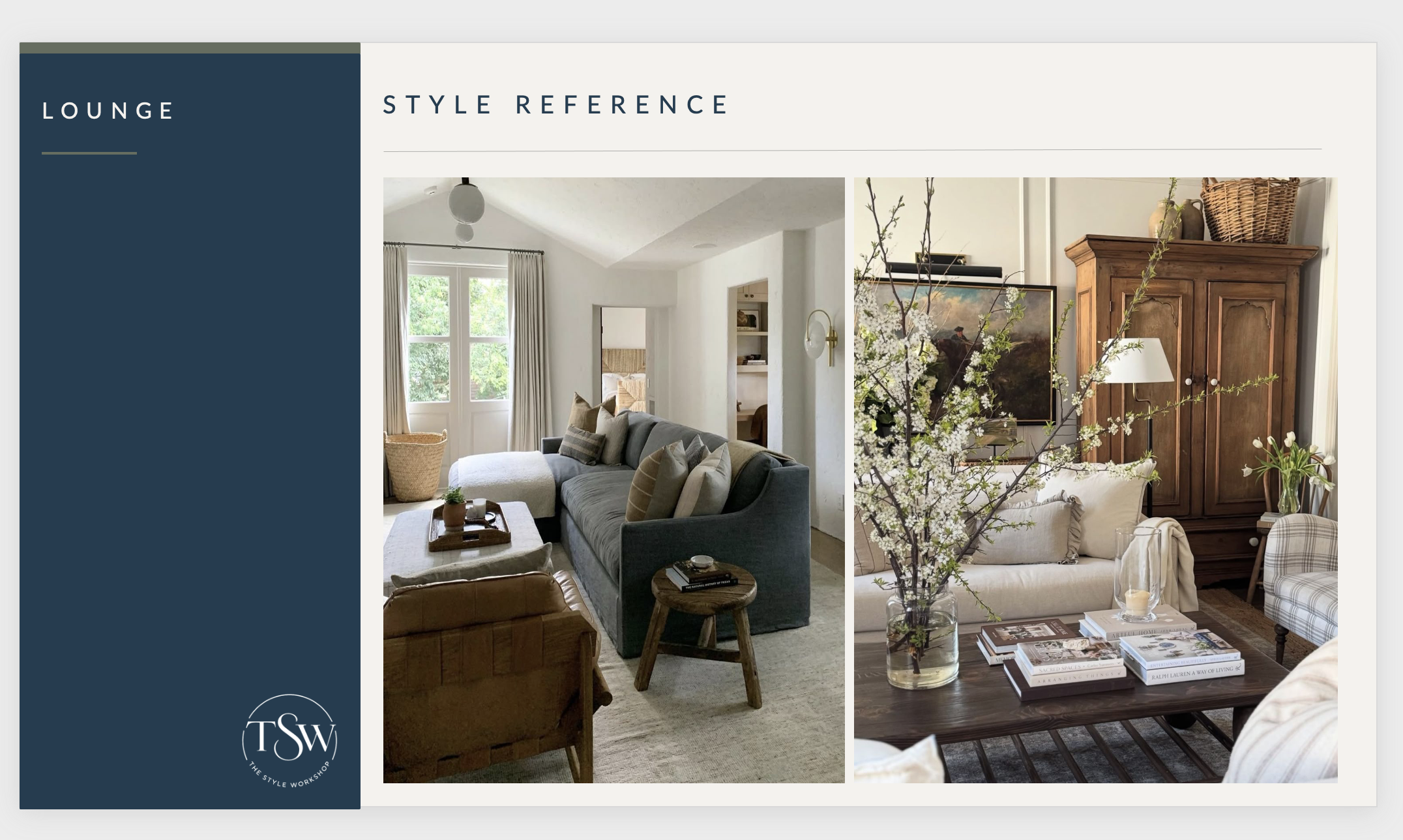 Lounge style reference board showing two room concepts, The Style Workshop