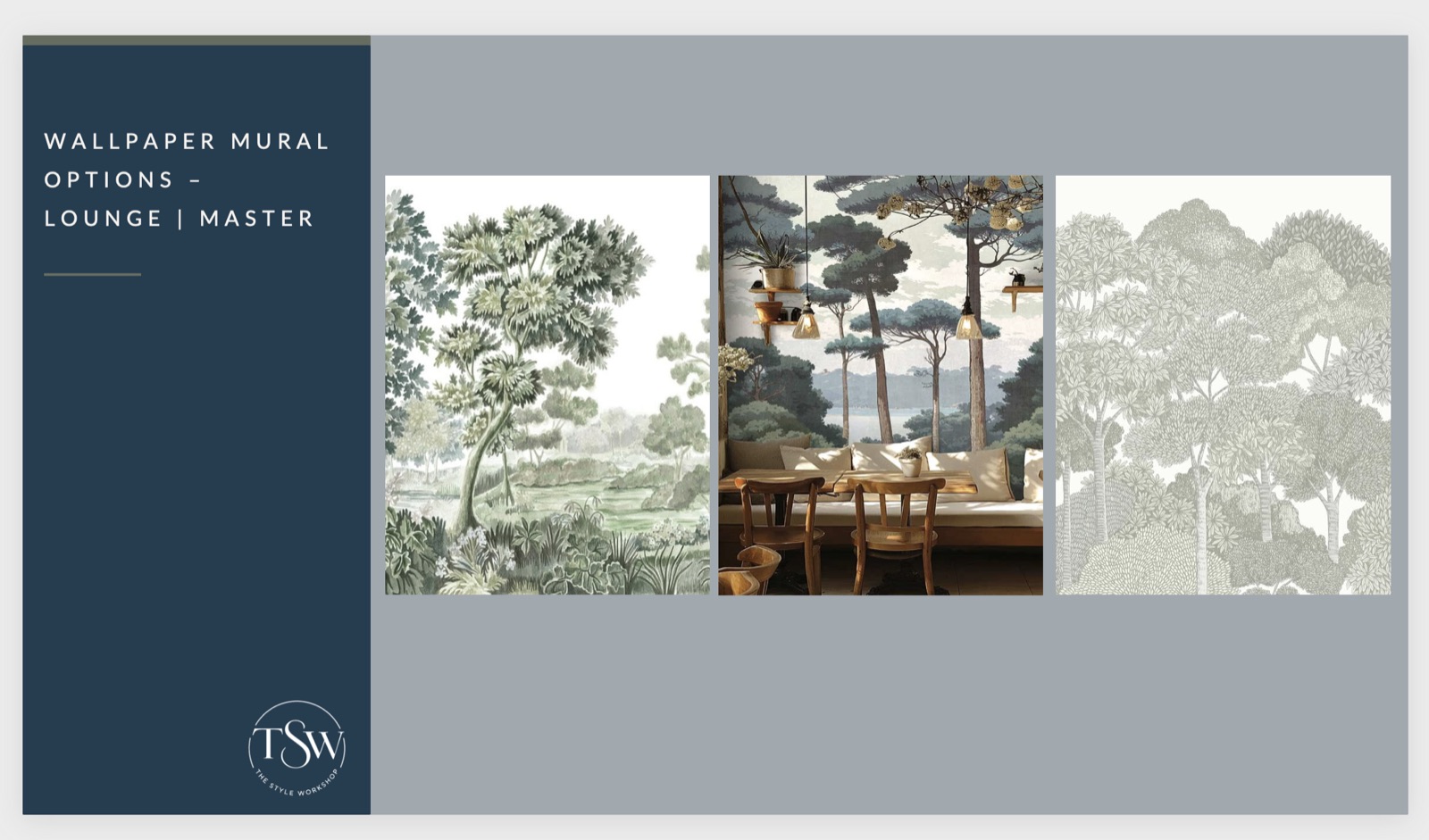 Wallpaper mural options for lounge and master, The Style Workshop